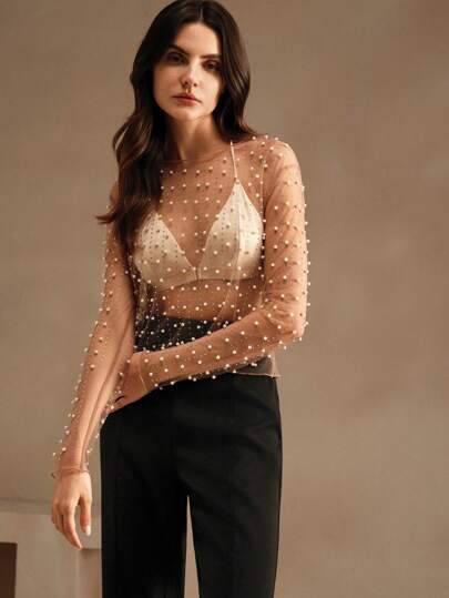 Anewsta Blusa transparente, elegante y sexy de manga larga con malla y perlas falsas para mujer, ideal para el verano y la playa