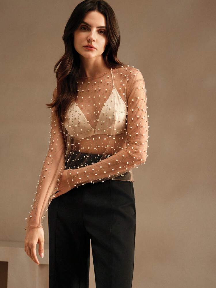 Anewsta Women's See-Through Sexy Elegant Faux Pearl Sheer Mesh Long Sleeve Blouse, Summer Beach