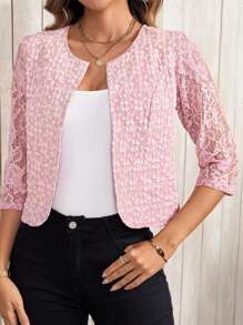SHEIN Clasi Contrast Lace Open Front Jacket,Fall Clothes - Pink - View 3