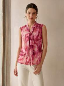 MOTF PREMIUM 雪纺印花系带无袖衬衫 - 粉色 - 查看 6
