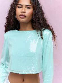 MISSGUIDED Y2K Futuristic Sequined Round Neck Full Sleeves Top
