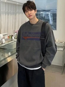 DAZY Men's Autumn Letter Print Pullover Sweatshirt , Crewneck - Grey - View 1