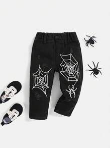 SHEIN Baby Boy Distressed Individuality Printed Street School Black Jeans, For Halloween Party - Black - View 1