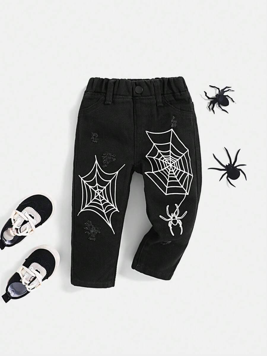 SHEIN Baby Boy Distressed Individuality Printed Street School Black Jeans, For Halloween Party - Black - View 1