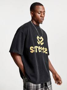 Manfinity NXTstreet Men's Loose Fit Round Neck Short Sleeve T-Shirt With Snowflake & English Print, Suitable For Summer - Black - View 3