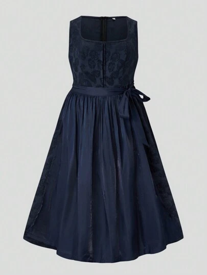 Fairmaia Women's Square Neck Sleeveless Self-Tie Waist Loose Casual Apparel, Plus Size Dirndl Clothing, For Oktoberfest