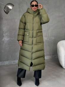 EURMUSE Finger Cut Detailed Cuff, Hooded, Patch Pocket Keeping Warm Puffer Jacket - Khaki - View 4