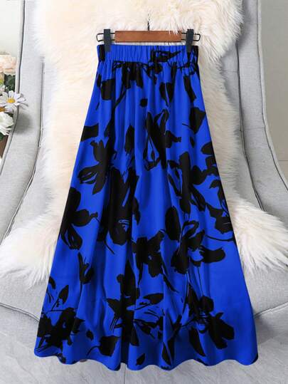 女士抽象花卉图案中长款弹力腰休闲飘逸半身裙，夏季