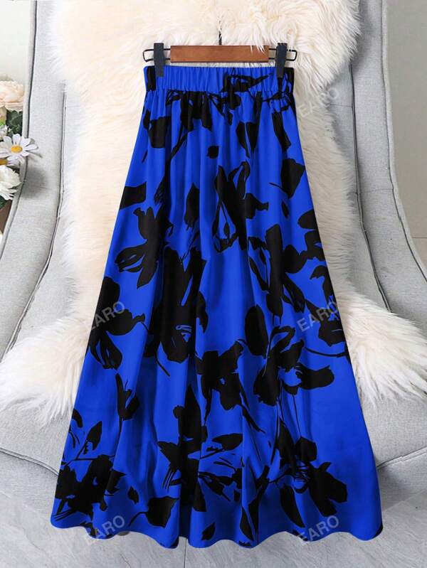 Women Floral Print Elastic Waist Maxi Casual Skirt