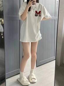 女士字母印花圆领落肩宽松休闲T恤，夏季 - 白色 - 查看 4