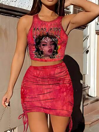 Women's Latest Sexy Y2K Cartoon Portrait Vest With Drawstring And Colorful Skirt, Ideal For Parties