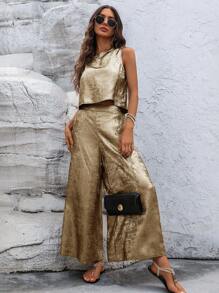 SHEIN LUNE 2 pezzi Set di top senza maniche e pantaloni casual con rivestimento metallico, estivo, casual - Dorato - Visualizzare 4
