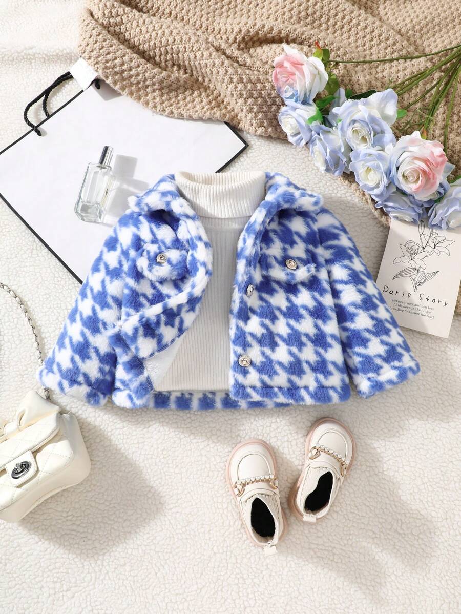 Baby Girl Front Button Check Fleece Jacket, Winter - Blue - View 1