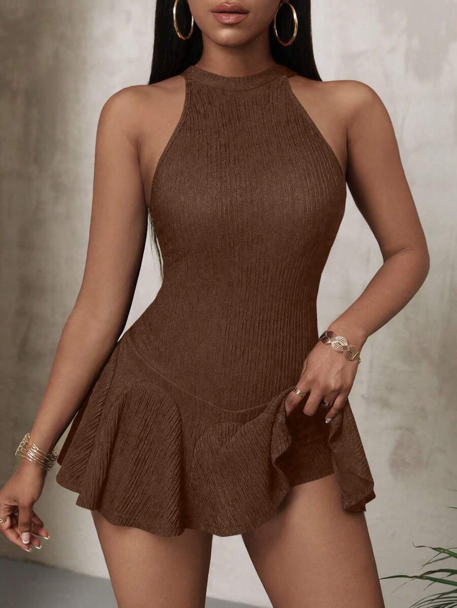 VaVaBold 女式无袖纯色简约优雅挂脖荷叶边下摆连衣裙 - 棕色 - 查看 1