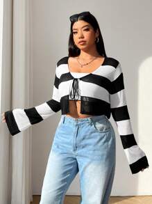 SHEIN EZwear Cardigan de punto a rayas negras y blancas con lazo delantero de manga larga, talla grande, para uso casual