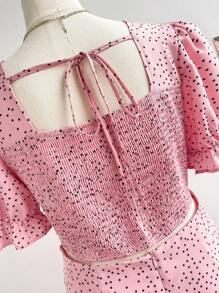 Soleia Plus Size Summer Casual Polka Dot Printed Puff Sleeve Shirt And Ruched Skirt Two-Piece Set - Dusty Pink - View 5