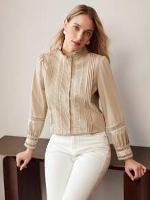 MOTF PREMIUM LACE INSERT FRILL MOCK NECK SHIRT