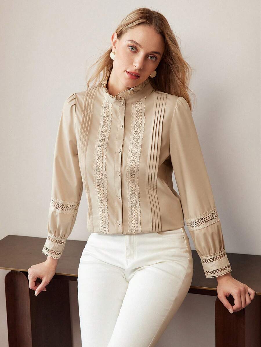 MOTF PREMIUM LACE INSERT FRILL MOCK NECK SHIRT