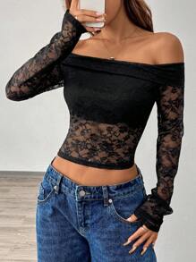 Chiquease 女士性感纯色露肩蕾丝短款上衣，夏季 - 黑色 - 查看 3