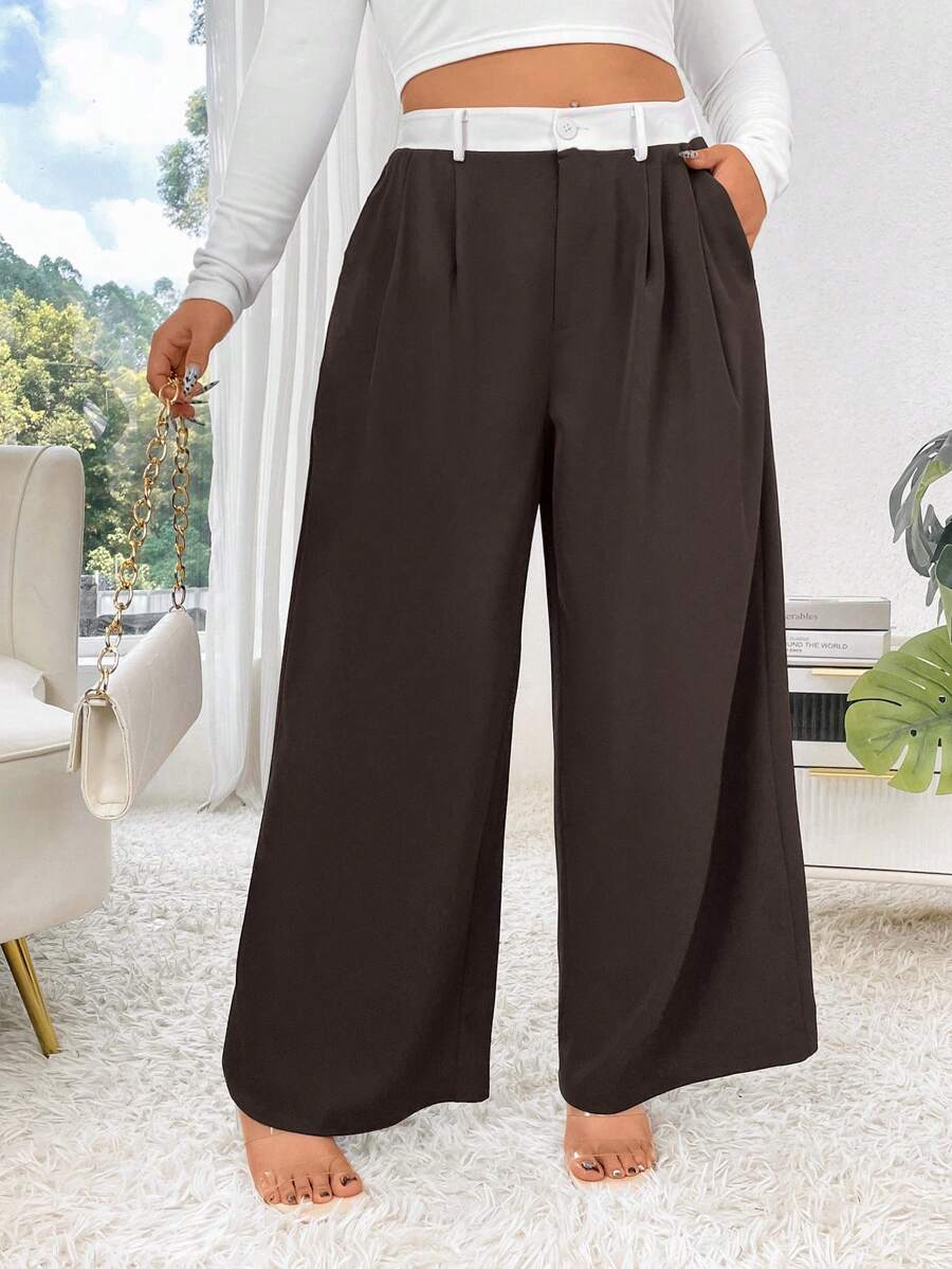 Calvaya Plus Size Contrast Color Waistband Casual Straight Leg Pants Fall Cloth For Women - Multicolor - View 1