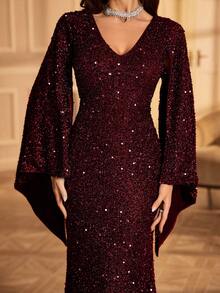 UNITHORSE Rochie neagră cu mâneci evazate și paiete pentru femei, rochie de petrecere, rochie de nuntă pentru invitați, rochie formală de seară, rochie de mireasă, ținute de ziua de naștere, rochie de absolvire, rochie de seară