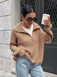 EURMUSE Woman Zipper Collar Loose Fit Comfy Warm Sweater - Camel - View 7