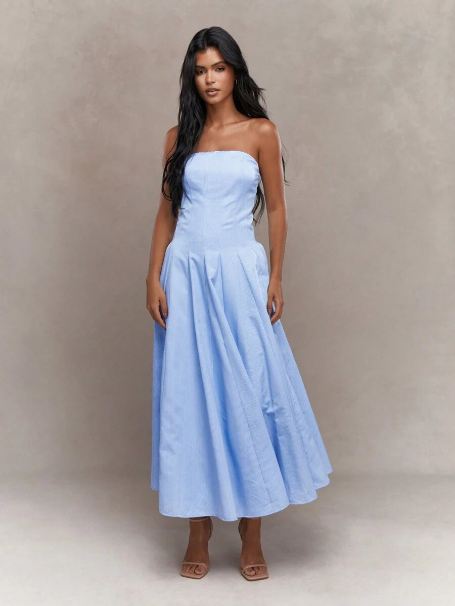 MISSGUIDED Corset Bust Pleated Bandeau Maxi Dress With Scrunchie - Blue - View 1