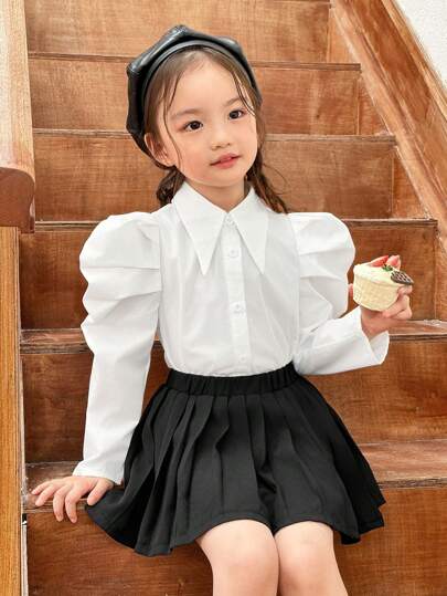 SHEIN Young Girl  Gigot Sleeve Button Retro Peak Lapels Front Curved Hem White Shirt