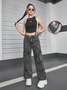 SHEIN Explorewe Calça Denim Cargo Lavada com Estampa de Estrela e Bolsos Grandes, Streetwear Casual para Adolescentes Meninas - Preto - Visão 8