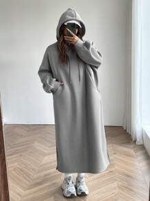 SHEIN EZwear Women's Solid Color Drop Shoulder Long Sleeve Drawstring Hoodie Dress, Winter/ Fall Clothes - Grey - View 5