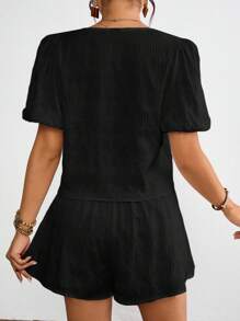 SHEIN VCAY 女士夏季纯色前系带衬衫短裤套装，短袖衬衫短裤两件套 - 黑色 - 查看 2