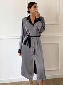 DAZY Women's Lapel Collar Long Sleeve Belted Slit Lace Splice Colorblock Shirt-Style Sleepwear - Grey - View 5