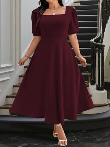 Celure Vestido casual de manga corta con cuello cuadrado liso para mujer de tallas grandes, conjunto de mujer color borgoña