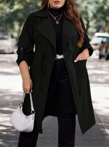 SHEIN CURVE+ Abrigo de trinchera con cintura con cordón y mangas con dobladillo en otoño/invierno, talla grande