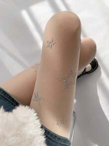 Un par de medias blancas con diamantes de imitación para mujer, delgadas para primavera y otoño, pantimedias lisas de estrellas, antigancho, sexys y brillantes con tights JK