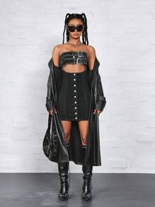 Button Front Sleeveless Hollow Sexy Denim Sundress - Black - View 4