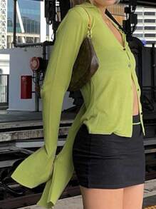 INAWLY Women Collared Long Sleeve Button-Up Casual T-Shirt, Fall Clothes - Green - View 6