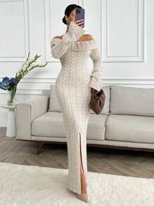 EURMUSE Elegant Off Shoulder Raffle Detailed Neckline Cable Knit Front Slit Maxi Sweater Dress - Beige - View 1