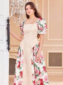 SHEIN Vestido elegante florido com mangas bufantes contrastantes para adolescente