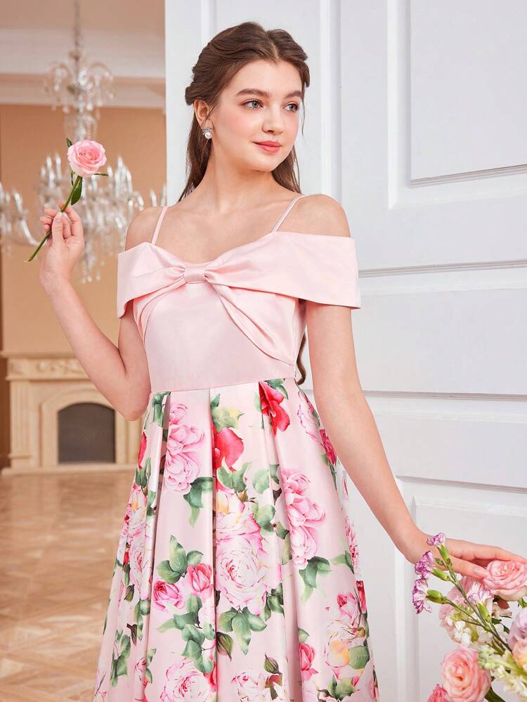 Teen Girl Contrast Floral Print Elegant Party Cold Shoulder Dress