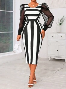 SHEIN Lady Váy midi tay bồng in họa tiết hình học kẻ sọc đen và tương phản cỡ lớn cho nữ, trang phục đi chơi mùa thu, váy dạ hội, quần áo mùa thu cho nữ - Đen và trắng - Xem 5