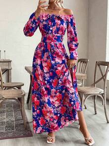 SHEIN Unity 花卉印花露肩分裙連衣裙 - 彩色 - 查看 4