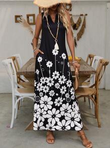 SHEIN LUNE 女式波西米亚风印花无袖连衣裙，非常适合度假、休闲和优雅的春夏时尚长款女装 - 黑色 - 查看 4