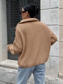 EURMUSE Woman Zipper Collar Loose Fit Comfy Warm Sweater - Camel - View 2