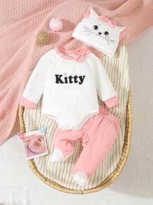 SHEIN Bộ đồ ngủ thường ngày tối giản 2 món cho bé gái gồm quần dài và chân - Hồng - Xem 1