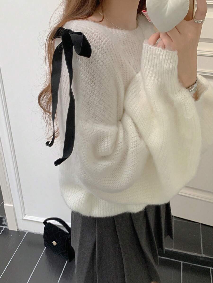 DAZY Women's Casual Bowknot Lantern Sleeve Sweater, Spring & Autumn,Long Sleeve Tops - White - View 1