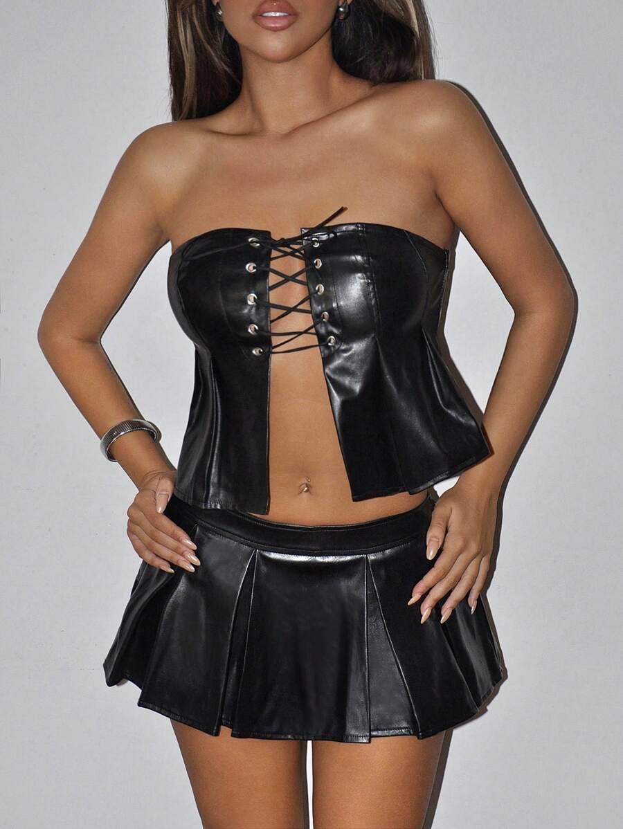 SHEIN ICON Y2k 黑色 2 件套修身 PU 交叉系带抹胸上衣和迷你裙套装 女式两件套秋季女装 - 黑色 - 查看 1
