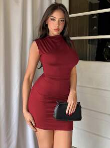 Firerie Váy Bodycon xếp nếp không tay đơn giản màu trơn tối giản dành cho nữ - Màu Đỏ Sâu - Xem 6