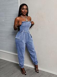 Slaydiva Denim Jumpsuit With Bandeau Neckline, Ruched Pockets, Casual Wear - Medium Wash - View 1