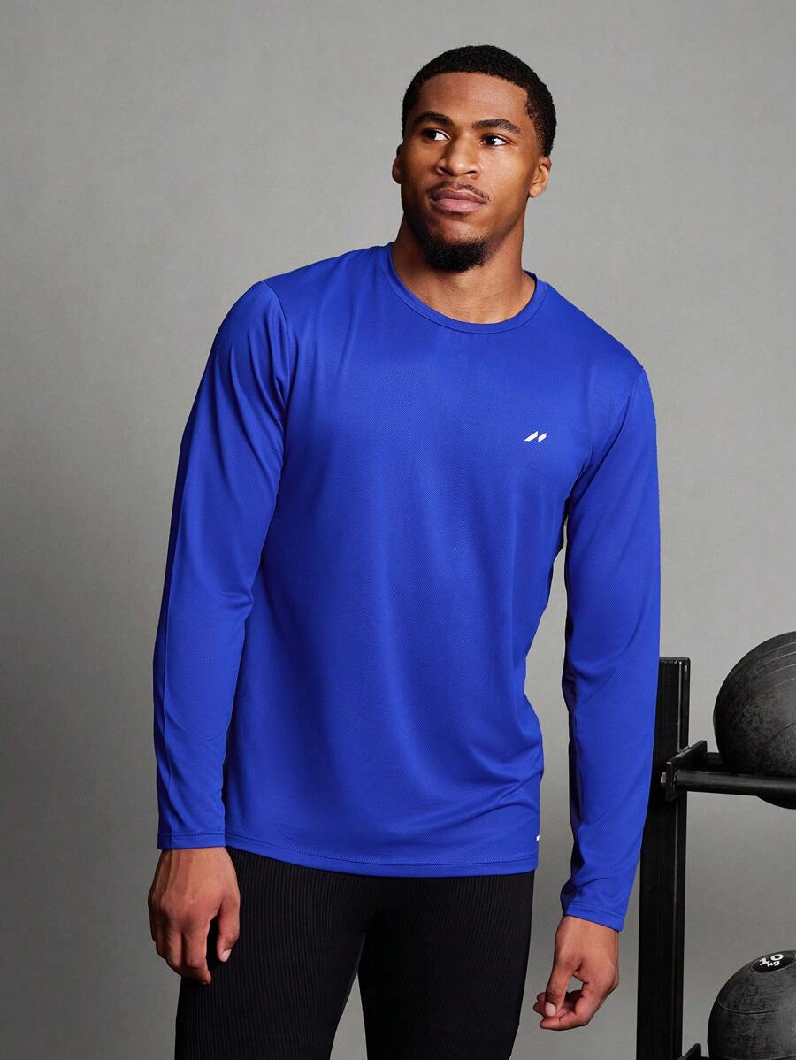 Manfinity Sport Corelite 男友风男士圆领长袖纯色修身运动户外 T 恤和背心 - 藍色 - 查看 1